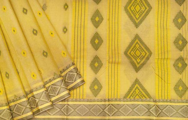 Light Yellow Bengal Cotton Saree with Threadwork Designs