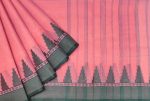Peach Pink Bengal Cotton Saree with Green Temple Border