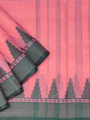 Peach Pink Bengal Cotton Saree with Green Temple Border