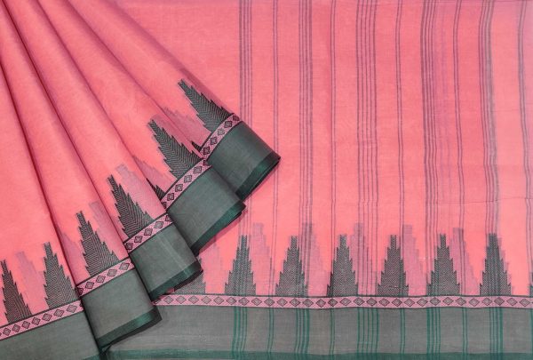 Peach Pink Bengal Cotton Saree with Green Temple Border