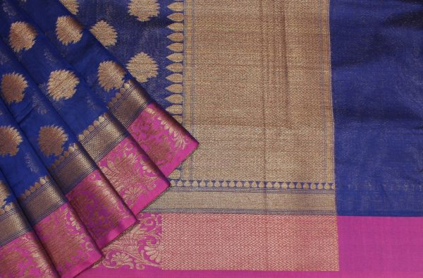 Dark Blue Semi Banarasi Saree with Silver Floral Zari Work