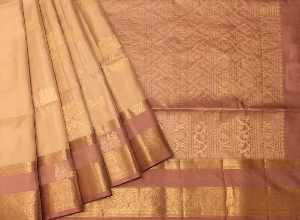 Handloom Pure Light Beige Cream Soft Silk Saree with Rettapet Border