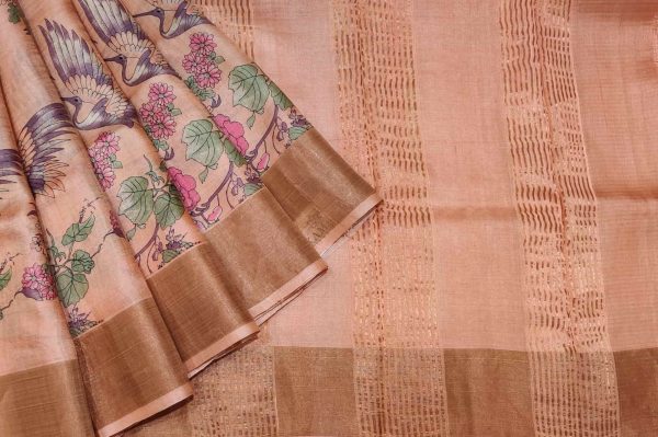 Pastel Peach Tussar Silk SareeĀ Floral Birds