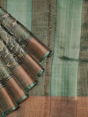 Pure Tussar Silk Saree with Floral Prints & Golden Tissue Border