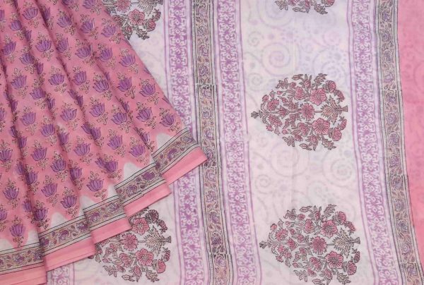 Elegant Pink Mulmul Cotton Saree with Hand Block Lotus Prints