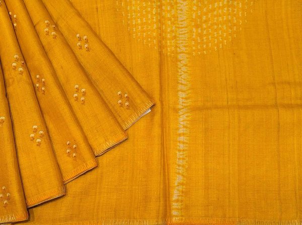 Pure Mustard Yellow Tussar Silk Saree with Threadwork Buttas