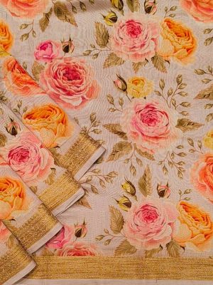 Pure Chanderi Cotton Saree with Rose Floral Prints