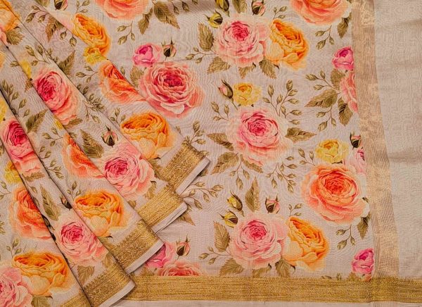Pure Chanderi Cotton Saree with Rose Floral Prints