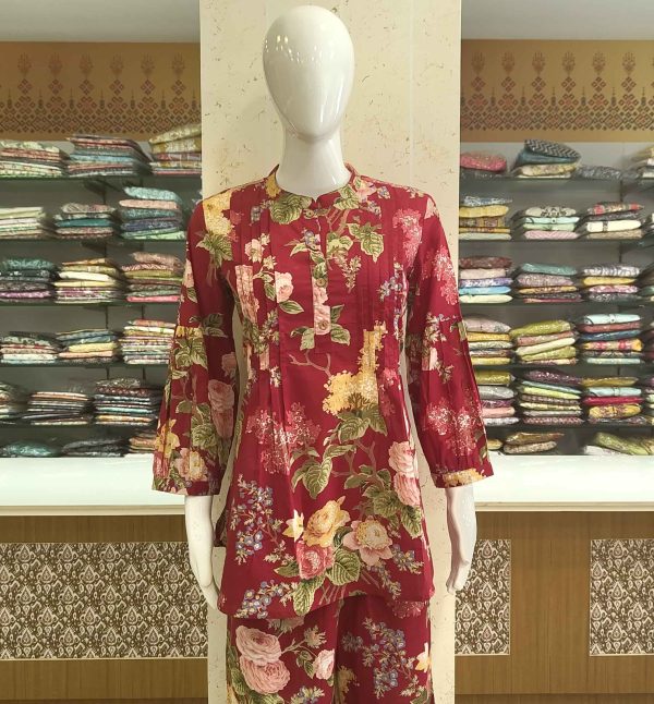 Red Cotton Floral Co-ord Set with Puff Sleeves & Palazzo Pants
