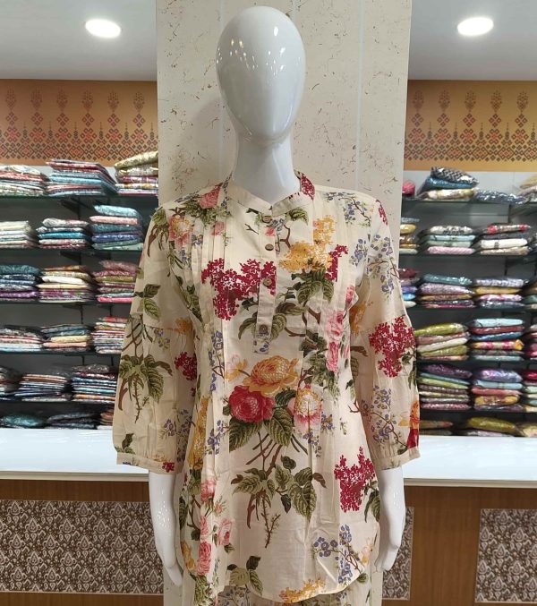 White Cotton Co-ord Sets with Floral Prints & Puff Sleeves