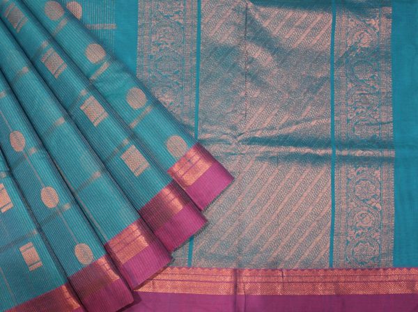 Handloom Pure Kovai Cotton Saree in Teal Blue with Copper Zari