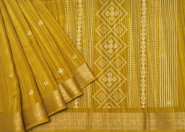 Mustard Semi Dola Silk Saree with Floral Zari Border