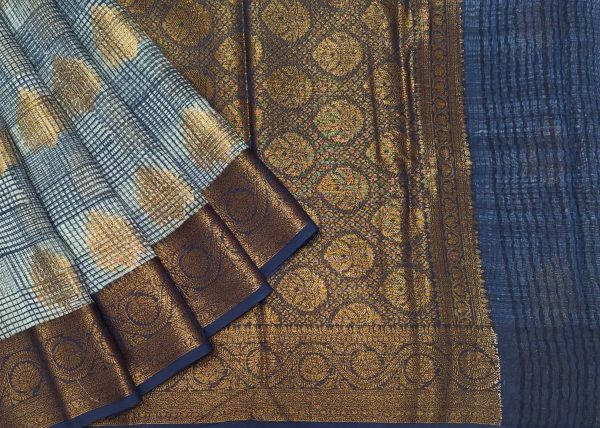 Slate Blue Chanderi Cotton Saree with Checks & Zari Buttas