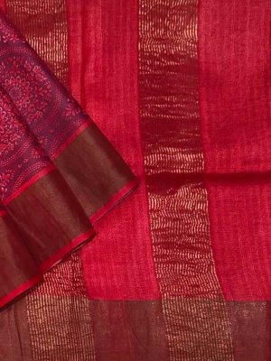 Pure Tussar Silk Saree in Wine Red with Golden Zari Border