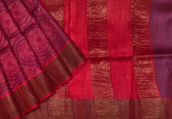 Pure Tussar Silk Saree in Wine Red with Golden Zari Border