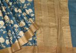 Pure Tussar Silk Saree in Rama Green with Rose Print & Zari