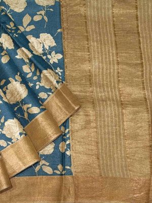 Pure Tussar Silk Saree in Rama Green with Rose Print & Zari