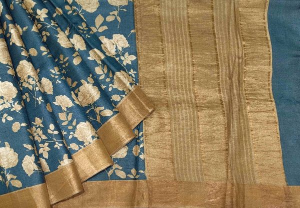 Pure Tussar Silk Saree in Rama Green with Rose Print & Zari