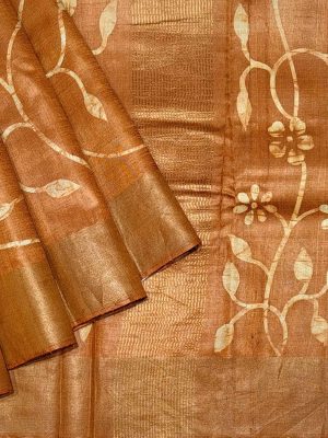 Pure Tussar Silk Saree in Rust Brown with Floral Creepers