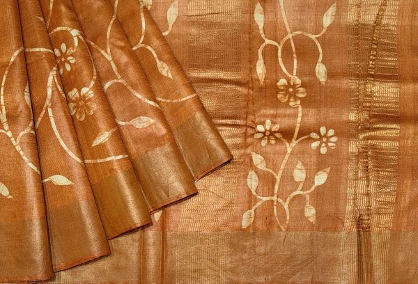 Pure Tussar Silk Saree in Rust Brown with Floral Creepers