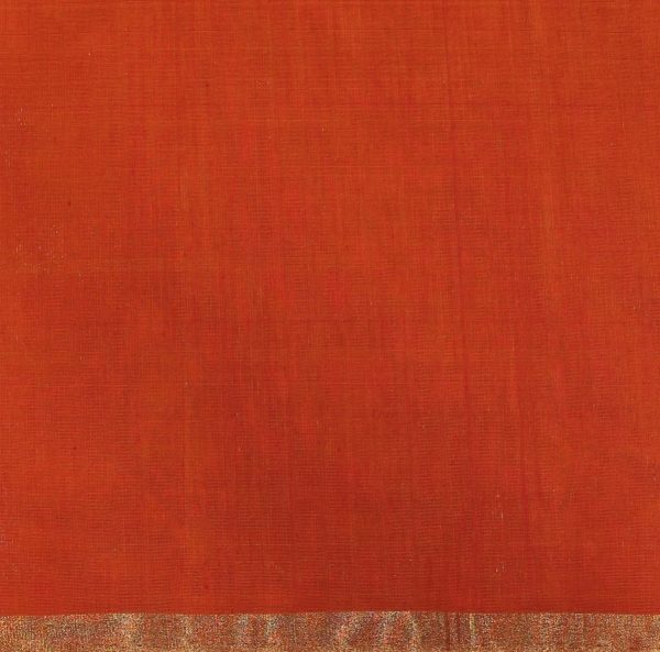 Red Pure Silk Cotton Saree with Gold Silver Buttas & Orange Pallu