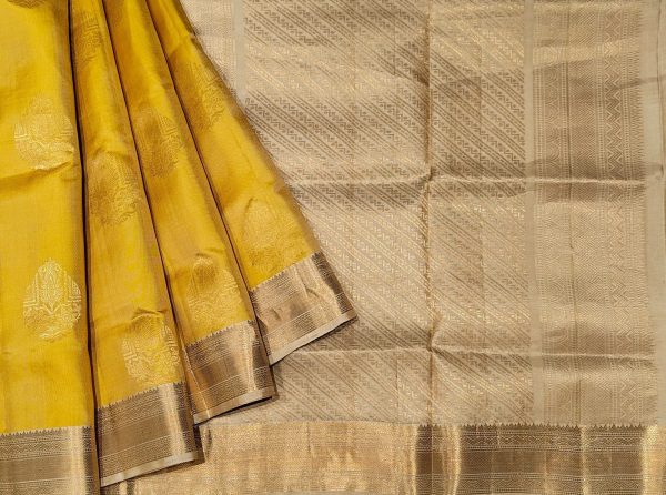 Handloom Yellow Soft Silk Saree with Golden Zari Buttas
