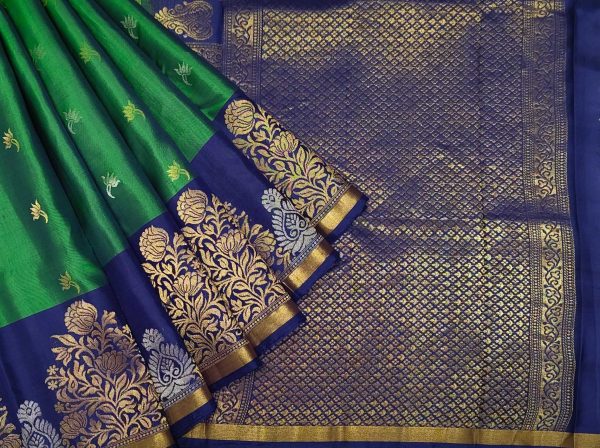 Pure Handloom Soft Silk Saree in Dark Green with Lotus Zari Buttas