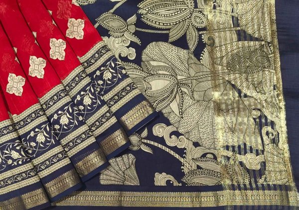 Pure Red Chanderi Cotton Saree with Bird Motifs