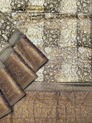 Gray Beige Pure Chanderi Cotton Saree with Zari Border
