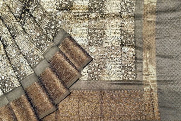 Gray Beige Pure Chanderi Cotton Saree with Zari Border