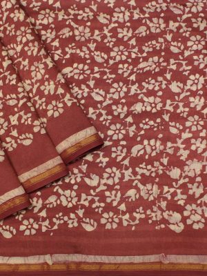 Burgundy Brown Pure Chanderi Cotton Saree with Batik