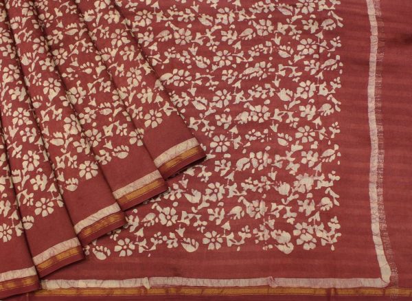 Burgundy Brown Pure Chanderi Cotton Saree with Batik