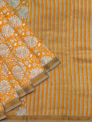 Pure Chanderi Cotton Saree in Light Orange with Zari Border
