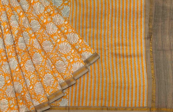 Pure Chanderi Cotton Saree in Light Orange with Zari Border