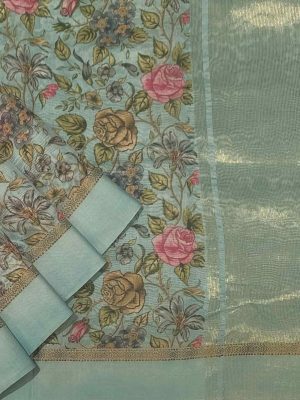 Pastel Blue Chanderi Cotton Saree with Rose Prints & Zari