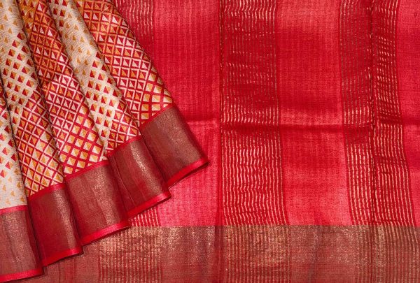 Red Tussar Silk Saree Zari Design