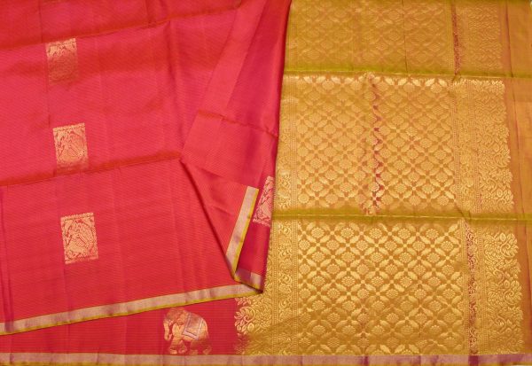 Handloom Pure Soft Silk Saree in Rani Pink with Zari Elephant and Peacock Motifs
