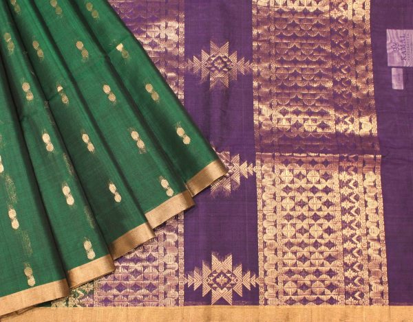 Handloom Pure Silk Cotton Saree in Dark Green with Golden Tissue Border