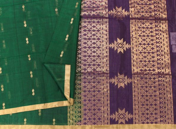 Handloom Pure Silk Cotton Saree in Dark Green with Golden Tissue Border