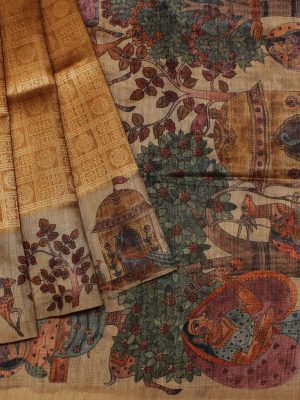 Semi Tussar Saree Golden Kalamkari