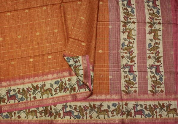 Semi Tussar Saree in Rust Orange Kalamkari Patterns