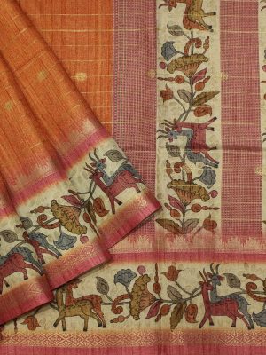 Semi Tussar Saree in Rust Orange Kalamkari Patterns
