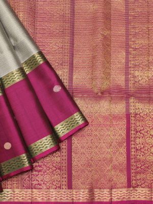 Pure Soft Silk Saree in Grey with Vairaoosi & Magenta Pallu