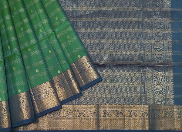 Pure Handloom Silk Saree in Peacock Green with Rich Navy Blue Border