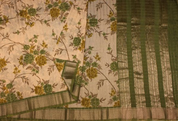 Semi Chanderi Saree in Cream White and Light Green with Floral Prints