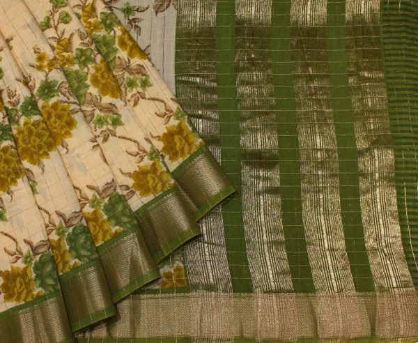Semi Chanderi Saree in Cream White and Light Green with Floral Prints
