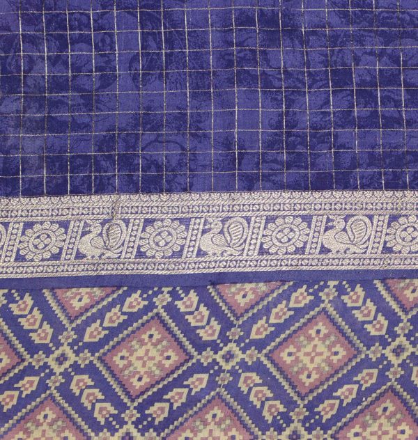 Semi Chanderi Saree in Half White and Purple with Ikkat Border