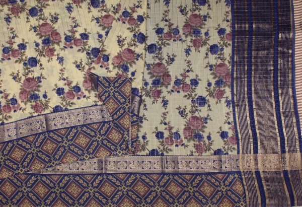 Semi Chanderi Saree in Half White and Purple with Ikkat Border