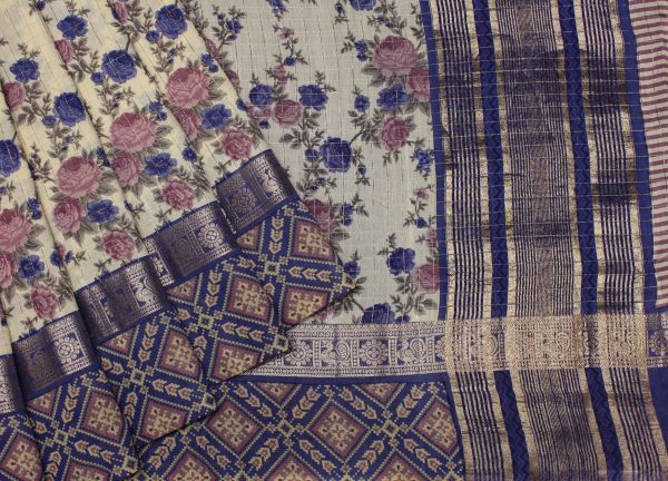 Semi Chanderi Saree in Half White and Purple with Ikkat Border