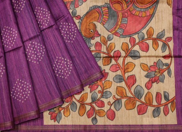Semi Tussar Purple Saree with Batik and Kalamkari Designs